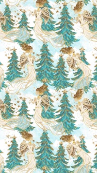 a blue and gold pattern with trees and angels