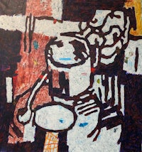 a painting of a man sitting in a chair