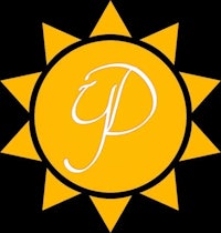 a yellow sun logo with the letter p