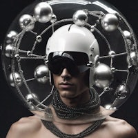 a man wearing a helmet with balls on it