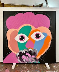 a painting of a man with a pink face