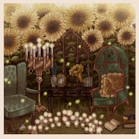 a drawing of a room with candles and sunflowers