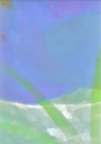 a painting of a beach with green grass and a blue sky