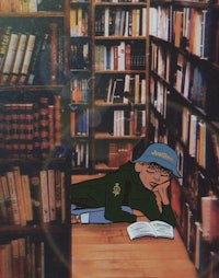 a cartoon character laying on the floor in front of a bookshelf
