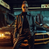 a woman in a leather jacket standing next to a yellow car