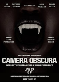 a poster for camera obscura, an interactive horror film and dining experience