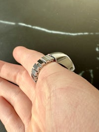 a person's hand holding a silver ring