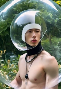 a shirtless man in a bubble hat