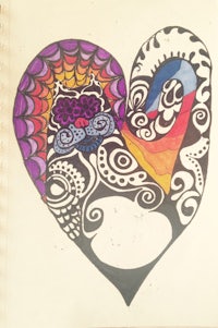 a drawing of a heart with colorful designs on it