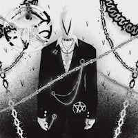 a black and white image of a man with chains around his neck