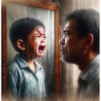 a painting of a boy crying in front of a mirror