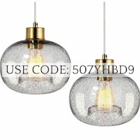 two glass pendant lights with the words use code 5000hdb