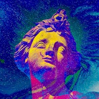 a colorful painting of a statue with a colorful background