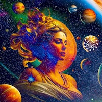 a painting of a woman with planets in the background