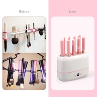 two pictures of a makeup brush holder