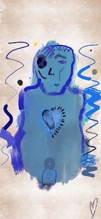 a blue drawing of a man with a heart