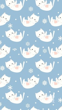 a white cat with snowflakes on a blue background