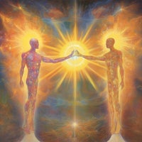 a painting of two people holding hands in front of a sun