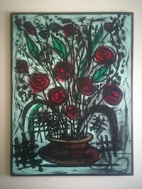 a painting of red roses in a vase