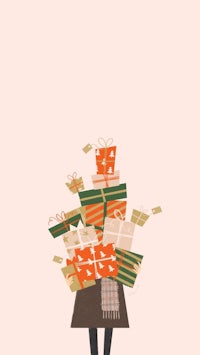 an illustration of a woman holding a bunch of presents