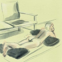 a drawing of a nude woman laying on pillows