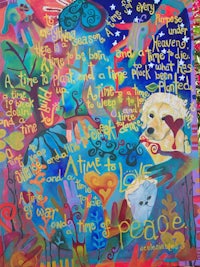 a colorful painting with words on it
