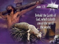 jesus on the cross with the words behind the lamb of god which took away the sin of the world