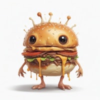 a cartoon burger with horns and eyes