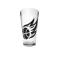 a basketball pint glass with a black and white design