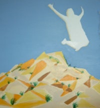 a painting of a man jumping over a hill
