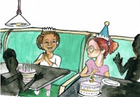 a drawing of a group of people celebrating a birthday