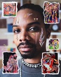 a man with his face painted with many different pictures