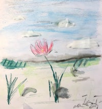a drawing of a pink flower in a field