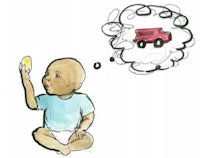 a drawing of a baby looking at a truck