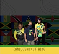 three people standing in front of a flag with the words caribbean clothing