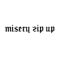 a black and white image of the word misery zip up