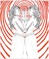 a drawing of two women standing in front of a red spiral