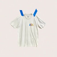 a white t - shirt with a blue ribbon on it
