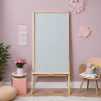 a pink room with a white board and flowers