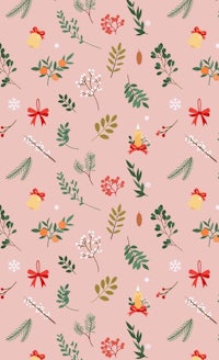 a pink christmas pattern with holly leaves and pine cones