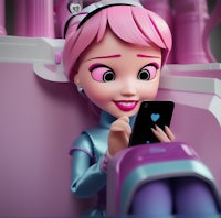 a cartoon girl with pink hair is using a cell phone