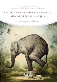  Book cover of ‘The Poetry of Impermanence, Mindfulness, and Joy’ by John Brehm. A whimsical scene depicts an elephant balancing on a stack of teacups in front of a forest background