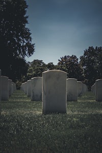 a group of tombstones in a grassy field