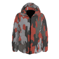 a women's red and gray camouflage jacket