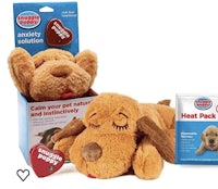 a stuffed dog with a heart on it next to a package