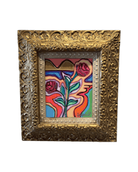 a gold framed painting with red roses on it