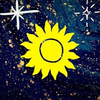 a drawing of a sun and stars on a blue background