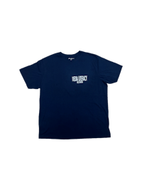 a blue t - shirt with a white logo on it