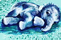a painting of an elephant laying on the ground