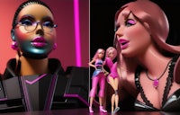 two images of a barbie doll with pink hair and pink eyes